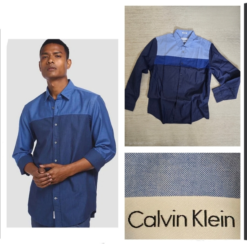 Calvin Klein Blue Colorblock Casual Button Down Shirt